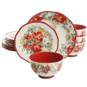 Floral 12-Piece Dinnerware Set (Color: Red)